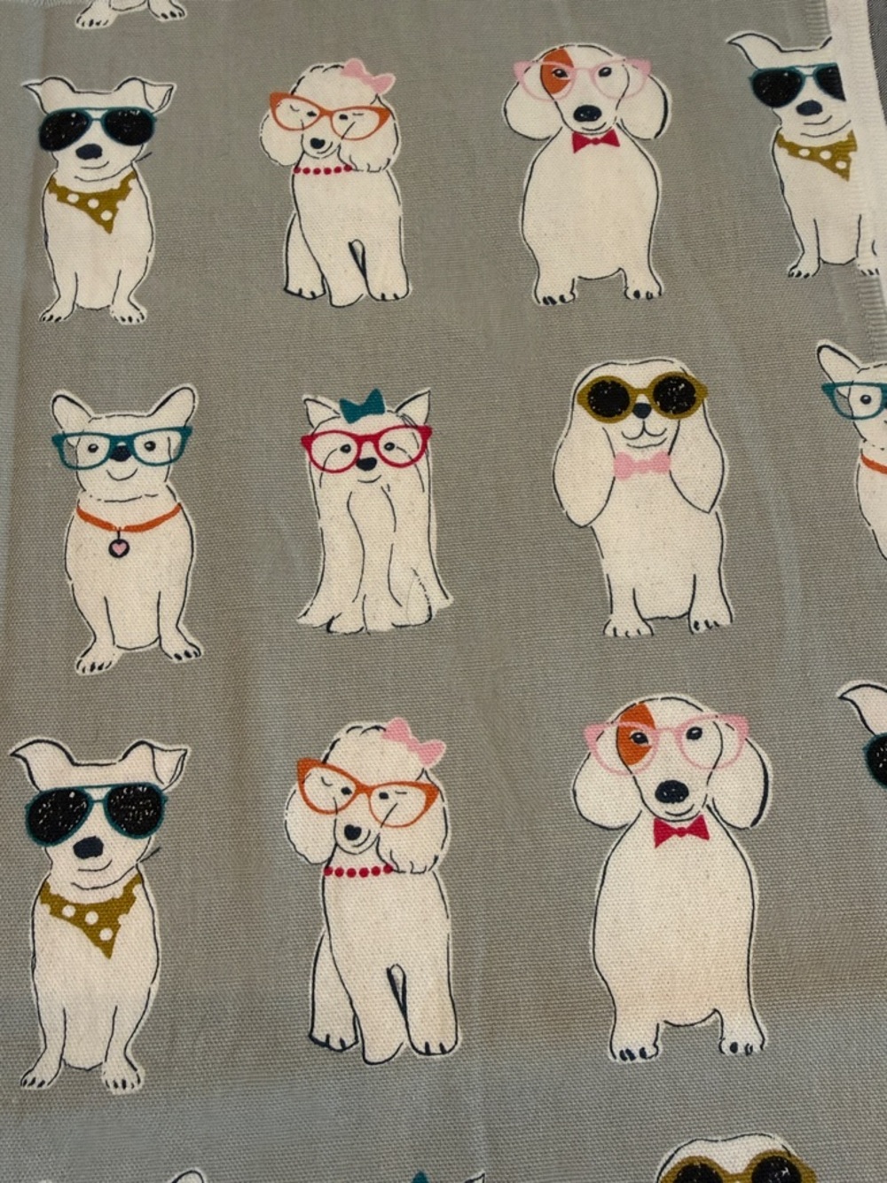 Blank Brand Gray Dog Print Pet Fabric - Cute White Dogs with Colorful Glasses